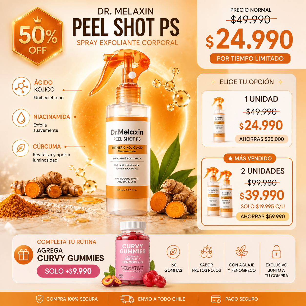 Dr. Melaxin Peel Shot PS Spray Exfoliante Corporal con Ácido Kójico, Cúrcuma y Niacinamida 200 ml