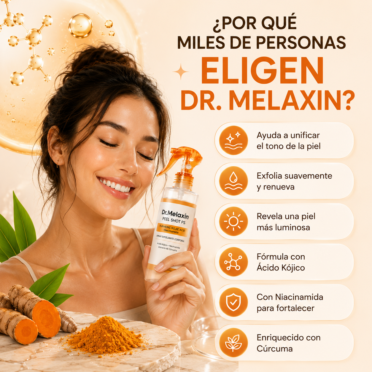 Dr. Melaxin Peel Shot PS Spray Exfoliante Corporal con Ácido Kójico, Cúrcuma y Niacinamida 200 ml
