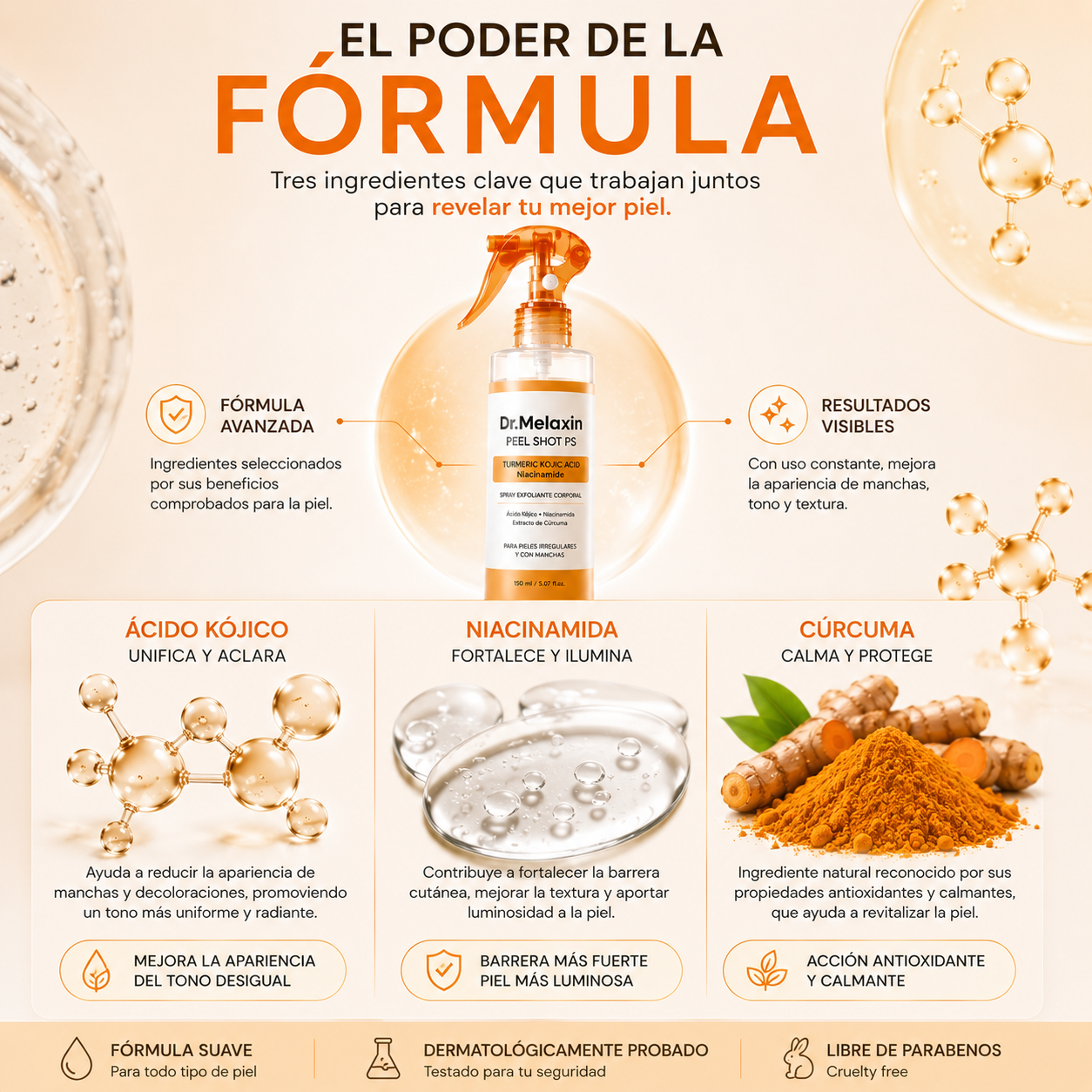 Dr. Melaxin Peel Shot PS Spray Exfoliante Corporal con Ácido Kójico, Cúrcuma y Niacinamida 200 ml